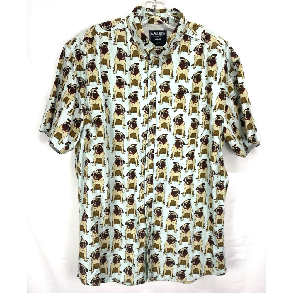 Alpha Beta Men's Shirt Large L Pug Short Sleeve Button Down Dog Lover 17x9